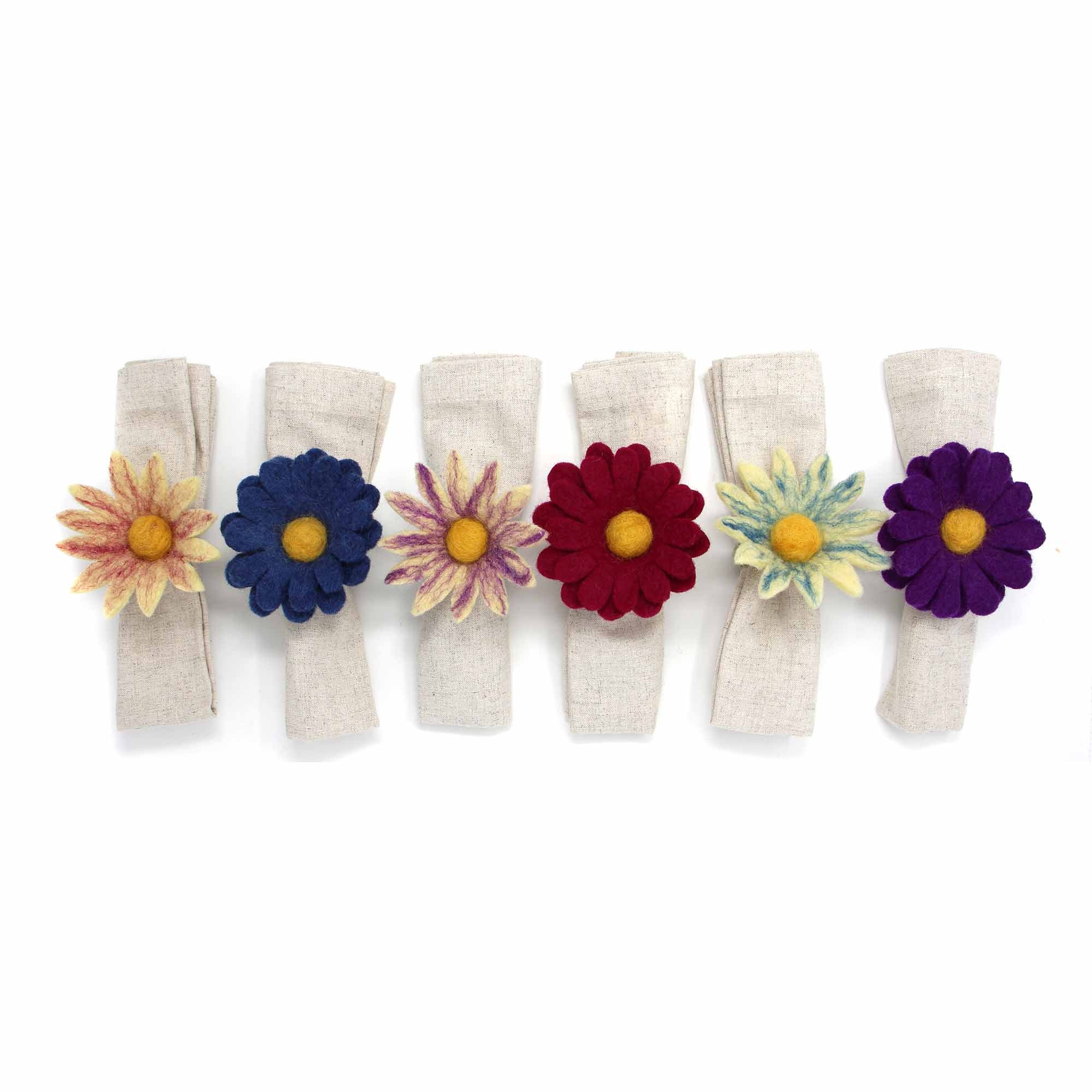 Hand Crafted Felt from Nepal: Set of 6 Napkin Rings, Assorted Daisies for Fall