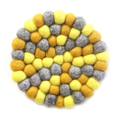 Hand Crafted Felt Ball Trivets from Nepal: Round Chakra, Yellows - Global Groove (T)