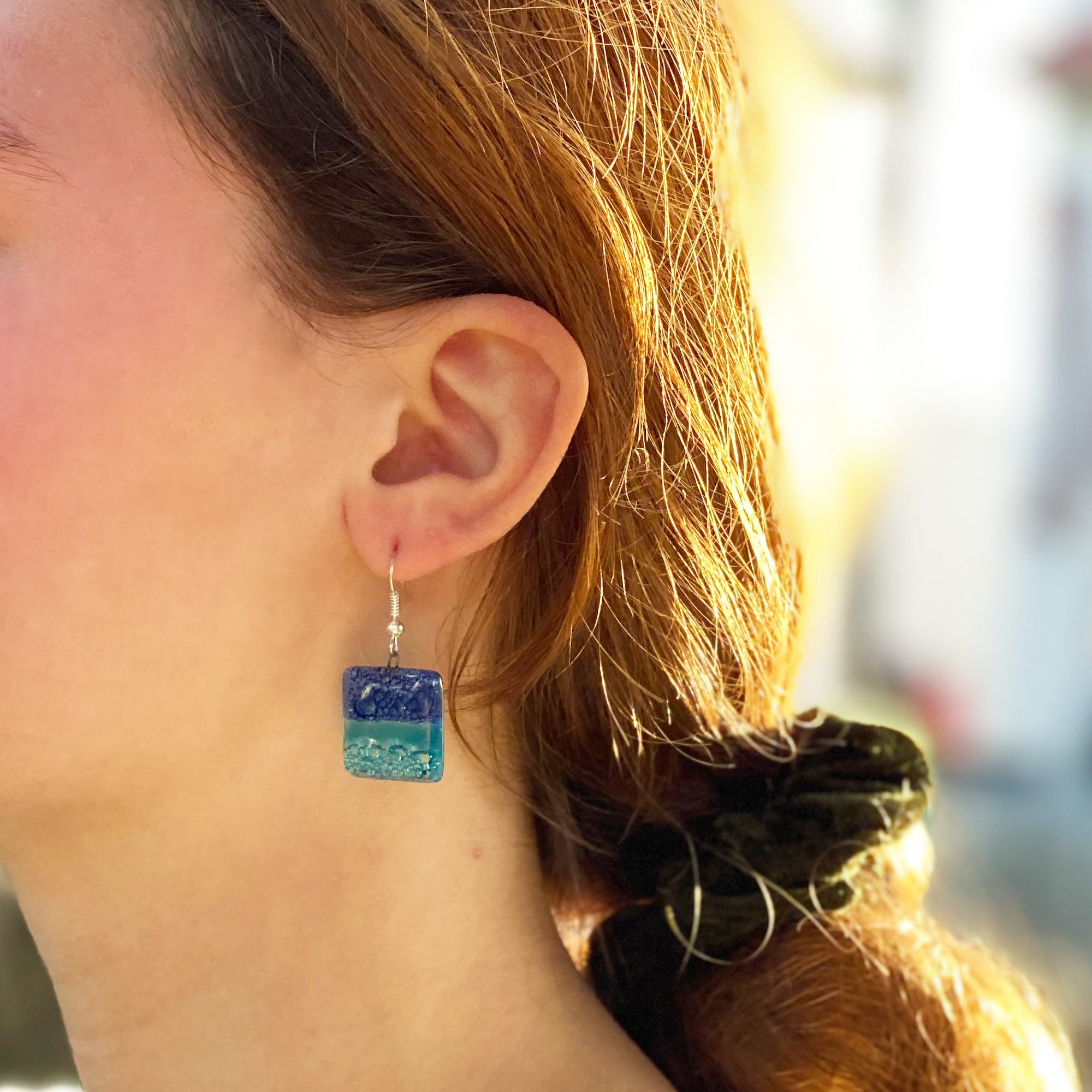 Square Glass Dangle Earrings, Blue Ocean  - Tili Glass