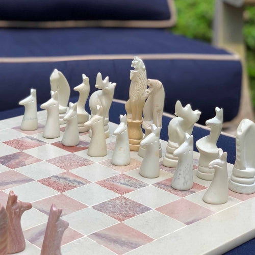 Hand Carved Soapstone Animal Chess Set - 15" Board - Smolart